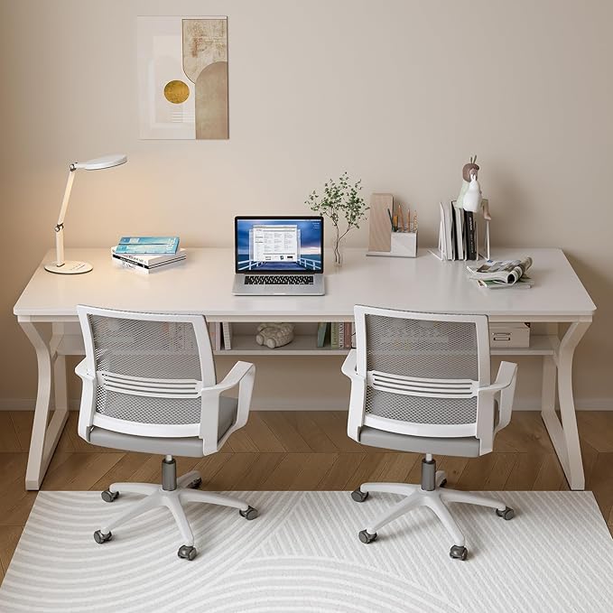 Extra Long Desk with Bookshelf - 71" Double Long Writing Table for 2-Person Workstation, Modern Study Work Computer Desk for Home and Office, Warm White-DeskLoop Office