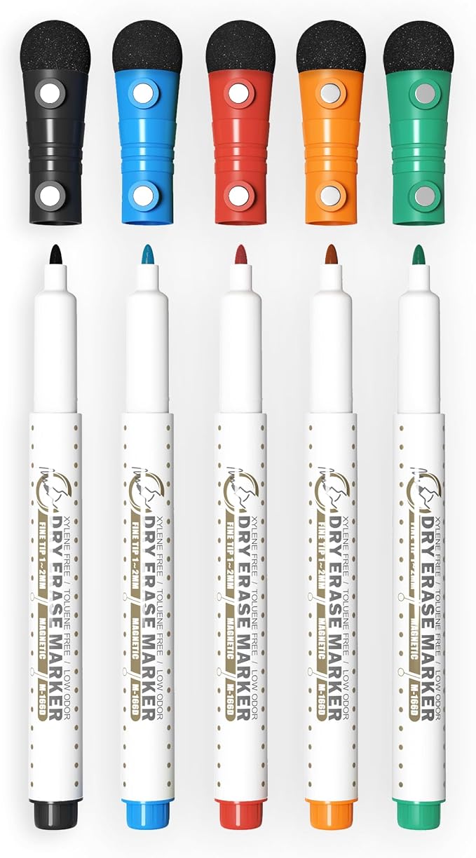 Magnetic Dry Erase Whiteboard Markers, 1mm Fine Tip, 5 Pack Classic | Fridge by Mag-Fancy