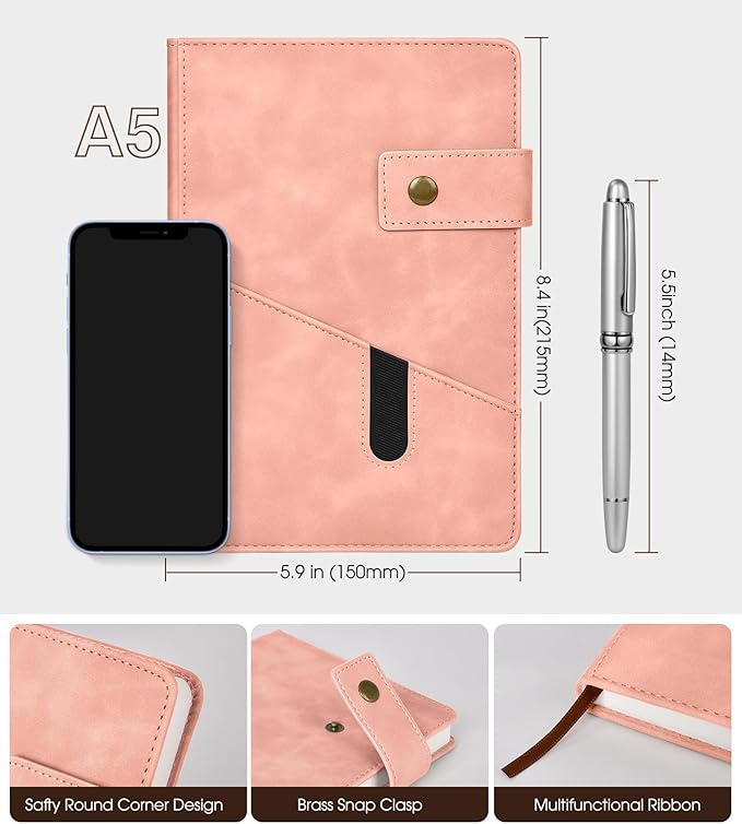 Pink A5 Lined Leather Journal Notebook for Men Women,5.9" X 8.4" Personalized Hardcover Journal with Pen,200 Pages 100 Gsm Thick Ruled Paper Daily Diary for Travel,Business,Work,Writing-DeskLoop Office
