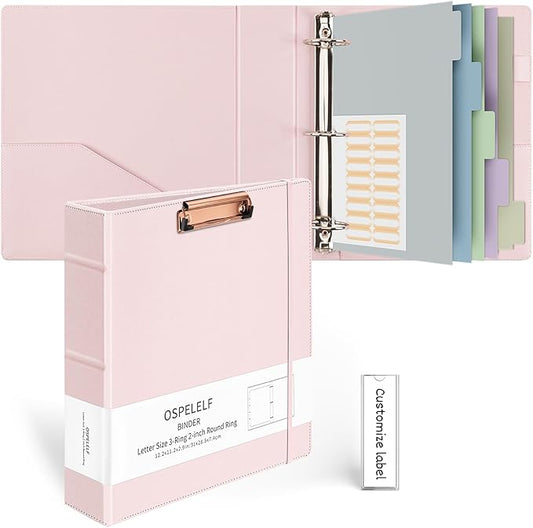 Ospelelf 3 Ring Binder with Clipboard 2 Inch Leather Binder for Letter Size (8.5" x 11"), Clipboard Binder with 5 Tab Dividers Back to School Supply, Pink-DeskLoop Office