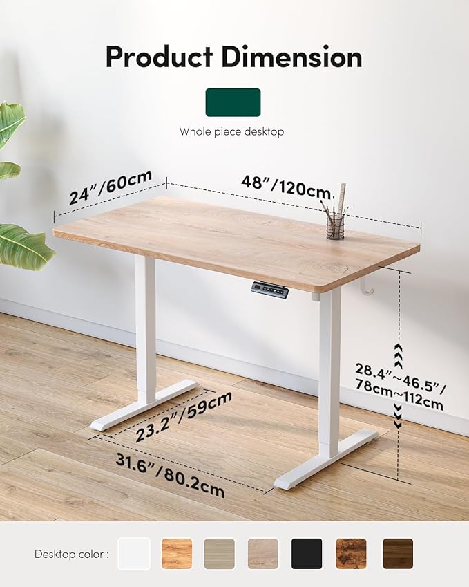 FEZIBO One-Piece Standing Desk Adjustable Height Stand up Home Office Desk, 48x24 Inch Electric Standing Computer Desk, with 4 Memory Presets, Fixable casters, Maple-DeskLoop Office
