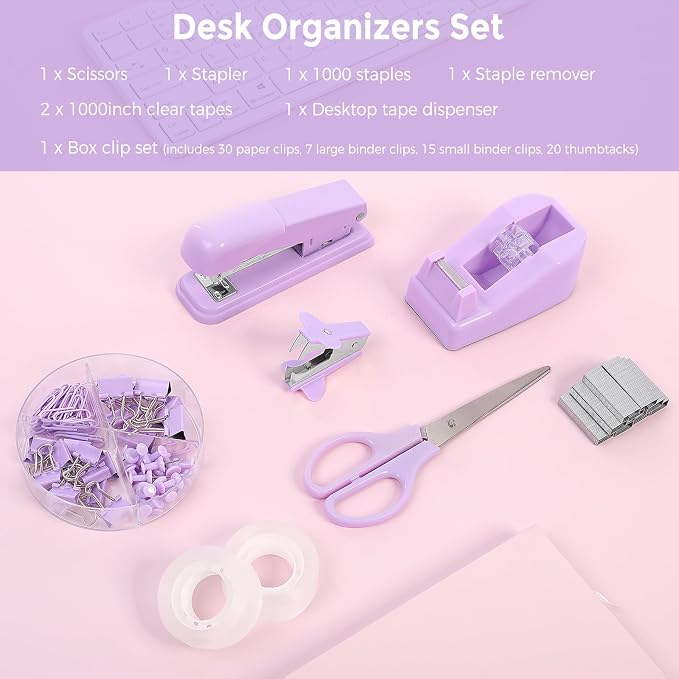 SKYDUE Purple Desk Accessories, Tape Dispenser, Binder/Paper Clips and 1000pcs - Image 3