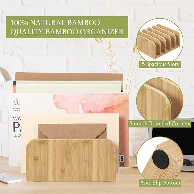 Lineshading Bamboo Letter Organizer, 5 Compartments Desk Mail Organizer - Image 2