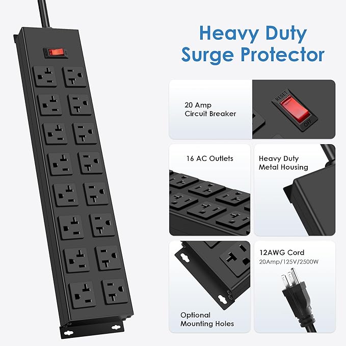 JUNNUJ Heavy Duty 20 Amp Power Strip with Surge Protection 3000J, Garage 16 Outlets Metal 12 Gauge, Desk Strips Wide Spaced, High Amp 5-15P Adapter Shop 6-20R T-Slot Industrial Outlets (16AC, 10FT)-DeskLoop Office