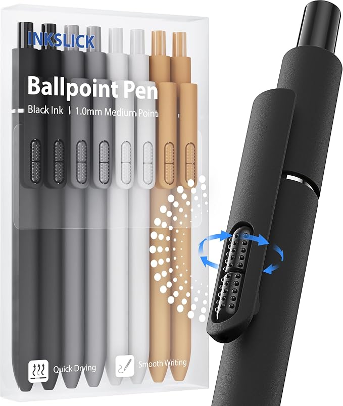8 Pcs Black Ballpoint Pens - 1mm Medium Point Black Ink Pens | Smooth Writing by INKSLICK