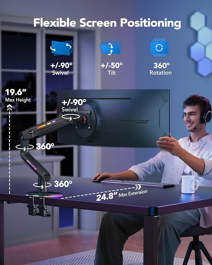 HUANUO RGB Monitor Arm for Ultrawide Screens up to 57″, Heavy-Duty Single Mount Holds 44 lbs, Fully Adjustable Gaming Monitor Arm with C-Clamp & Grommet Base, Max VESA 100 x 100mm-DeskLoop Office