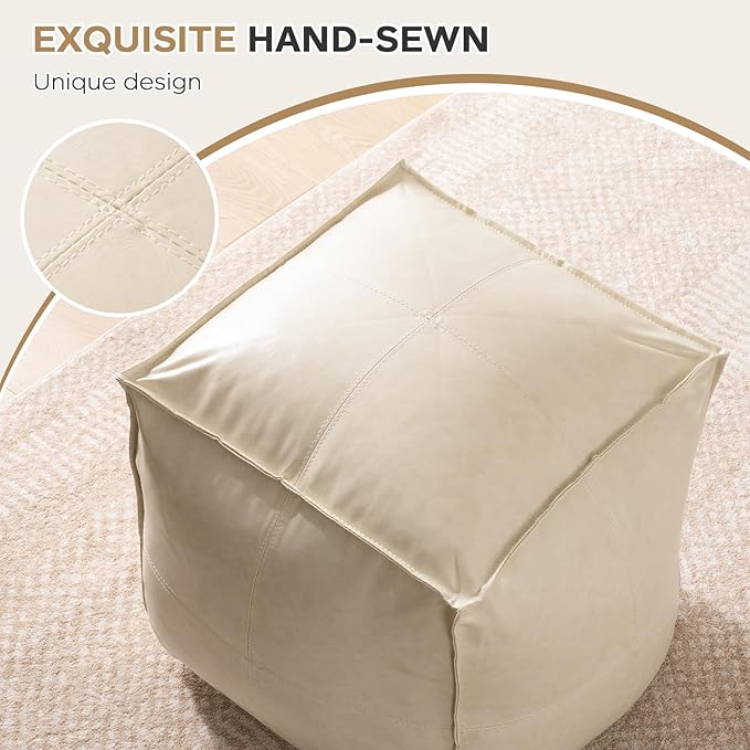 17.7" Square Unstuffed Pouf Ottoman Cover, Pu Leather Poufs Cube Foot Stool Poofy Ottomans Footrest, Decorative Casual Footstool for Living Room, Perfect to Rest Your Feet, Only Cover No Filler, Beige-DeskLoop Office