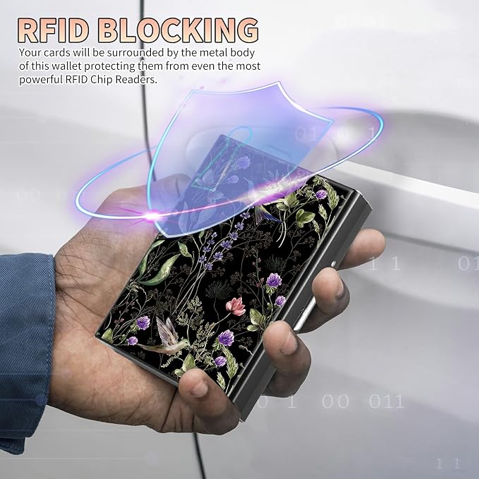 BWEGRHE Slim Credit Card Holder, Wild Flower Hummingbird RFID Blocking Metal - Image 3