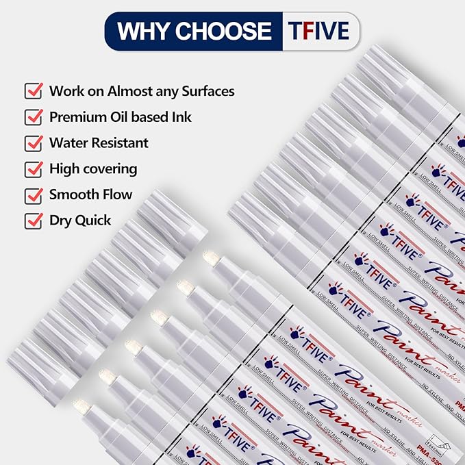 White Paint Pens Markers - 12 Pack Oil Based Permanent Marker, Medium Tip, Never Fade, Quick Dry, Waterproof Paint Pen for Rocks Painting, Wood, Fabric, Plastic, Canvas, Glass, Metal