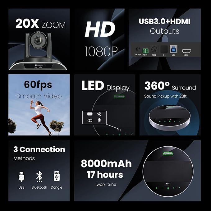 20x Zoom Conference Room Camera System TONGVEO All-in-1 Video and Audio Conferencing System 20X Optical Zoom USB3.0 HDMI PTZ Camera and Conference speaker with microphone Bundle for large Meeting Room-DeskLoop Office