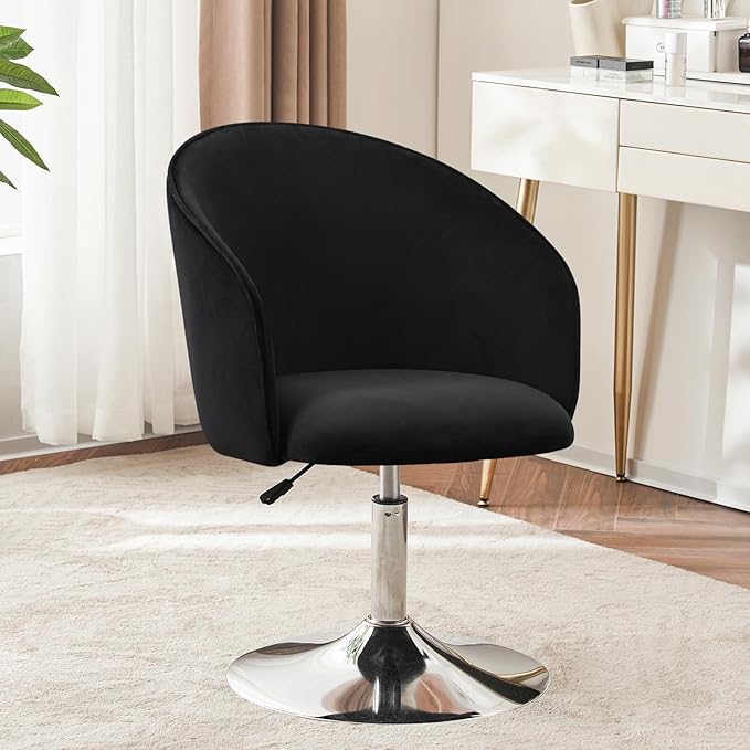 Furnimart Black Velvet Adjustable Height Vanity Chair, Swivel Makeup Chair for Living Room, Bedroom, Dressing Room-DeskLoop Office