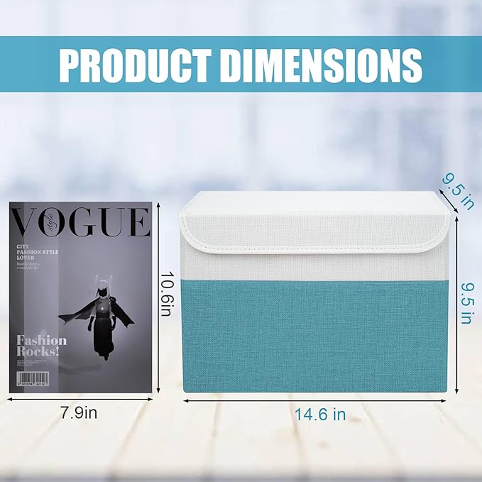 Large 22 Quart Linen Fabric Foldable Storage Bin Cube Organizer Basket with Flip-Top Lid & Handles, Clothes Blanket Box for Home, Office, Closet, Teal & White, 4 Pack 14.6 x 9.5 x 9.5-DeskLoop Office