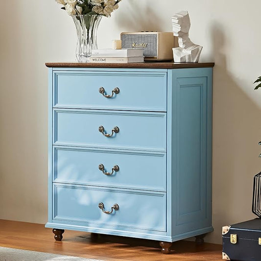 Farmhouse 4 Drawer Dresser for Bedroom, 37" Tall Rustic Chests of Drawers w/ 4 Solid Wood Feet, Mid Century Modern Wooden Closet Storage Dressers Organizer for Living Room, Hallway, LightBlue-DeskLoop Office
