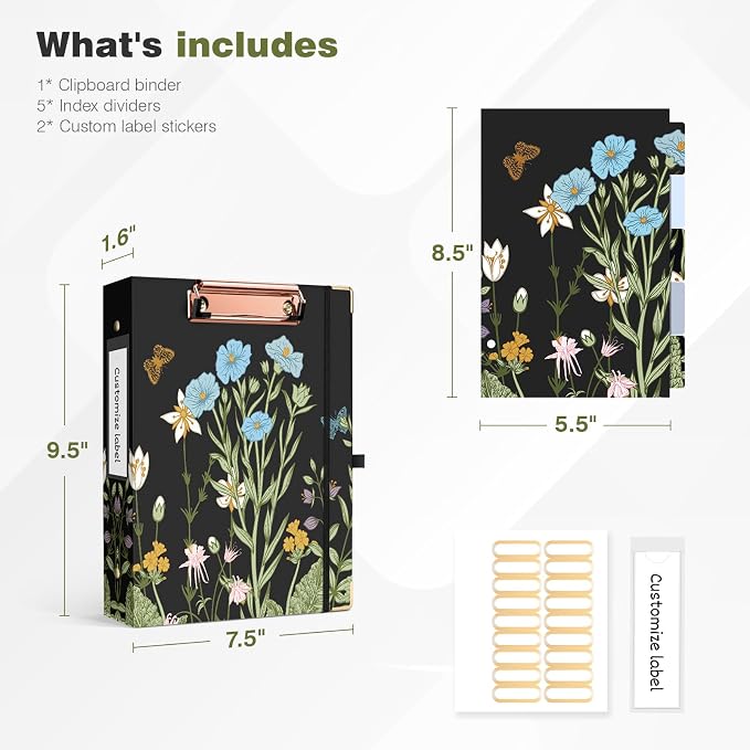 Ospelelf Mini Binder 3 Ring 1 Inch, Floral Round Ring Clipboard Binder - Image 4