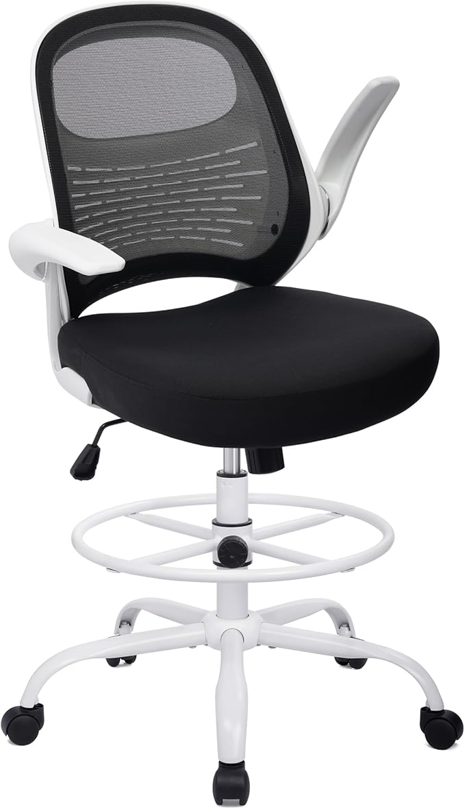 HYLONE Tall Drafting Chair Standing Desk Chair with Flip-Up Armrests, Adjustable Height Ergonomic Office Chair with Footrest Ring - High Stool Chair for Standing Desk (Black Mesh&White Base)-DeskLoop Office