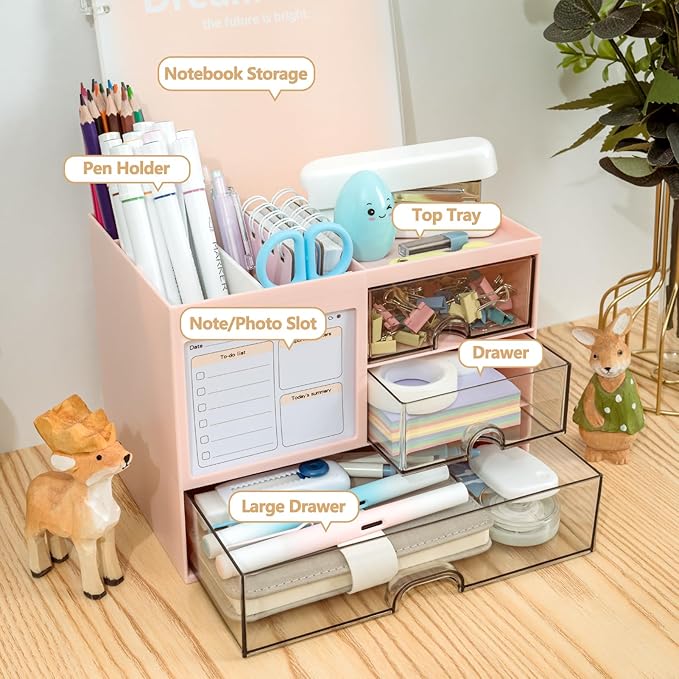 Multi-Functional Desk Organizer with 3 Drawer and 8 Compartments, Pink-DeskLoop Office
