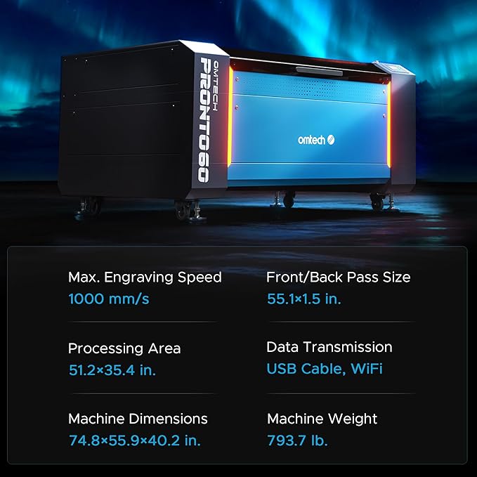 OMTech Pronto 130W CO2 Laser Engraver & Cutter – 51"x35" Workspace, 1,000mm/s Speed, Autofocus, 2-Way Pass, Air Assist, for Wood, Acrylic & More-DeskLoop Office