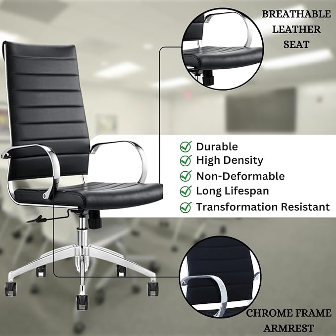 Ribbed High Back Conference Room Chairs - Lumbar Support, Modern Style Executive Chair for Home and Office - 360 Swivel Rolling Wheels - Aluminum Chrome Frame & Base - Black (Pack of 6)-DeskLoop Office