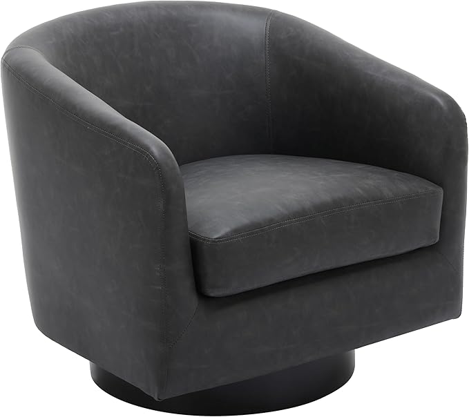 UIXE Faux Leather Swivel Accent Chair with Wood Base, Modern Upholstered Barrel Chairs for Living Room, Comfy Round Armchair Single Sofa Bedroom Reading Seat - 31" W, Black-DeskLoop Office