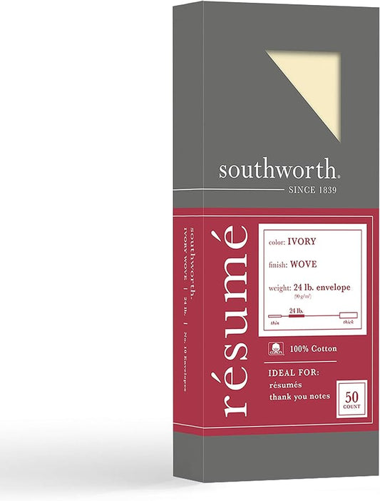 Southworth R14I10L 100% Cotton #10 Resume Envelope Ivory 24 lbs. Wove 50/Box by Southworth