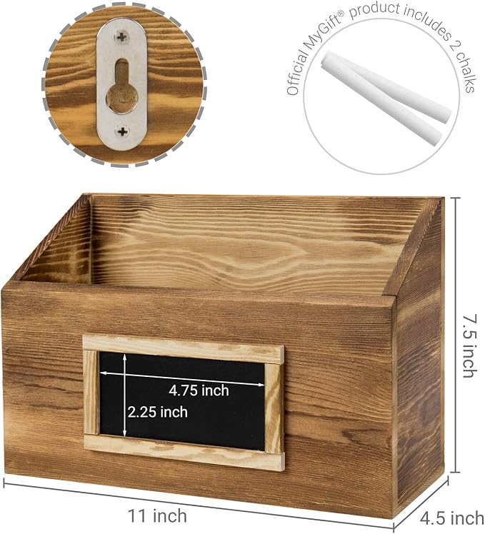 MyGift Rustic Burnt Wood Wall Mounted Mail, File & Magazine Holder Sorter Rack - Image 4