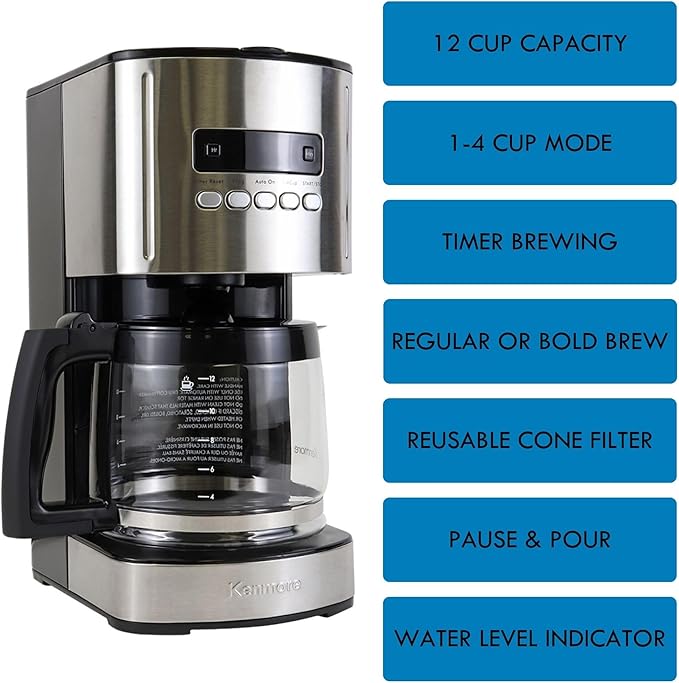 Kenmore Drip Coffee Maker - 12 Cup Programmable Cafe Machine With Glass Pot, Regular & Bold Brew, Auto Shut Off Large Water Reservoir, Reusable Filter, Kitchen Appliances For Cafeteria Barista, Black-DeskLoop Office