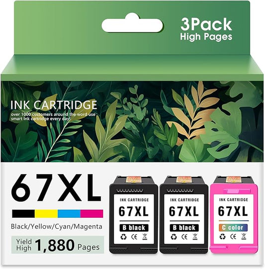 Printer Ink 67XL 67 2755e 4155e Ink Cartridges for HP 67 Ink cartridges Black/Color Combo Pack Remanufactured for DeskJet 2700 2700e 2755e 2755 4155e Envy 6055e 6055 6000 6400 6455e 6475 6452 6458-DeskLoop Office
