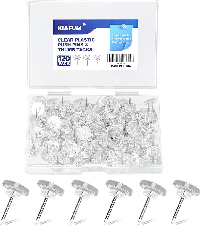 120 Count Clear Push Pin Tacks, Premium Thumb Tacks Steel Point and Plastic by KIAFUM
