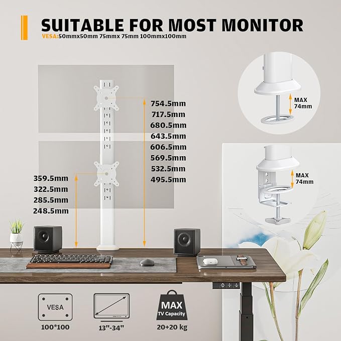 Dual Monitor Articulating Desk Mount Arm Stand - Vertical Stack Screen Supports Two 13 to 34 Inch Computer Monitors with C Clamp White-DeskLoop Office