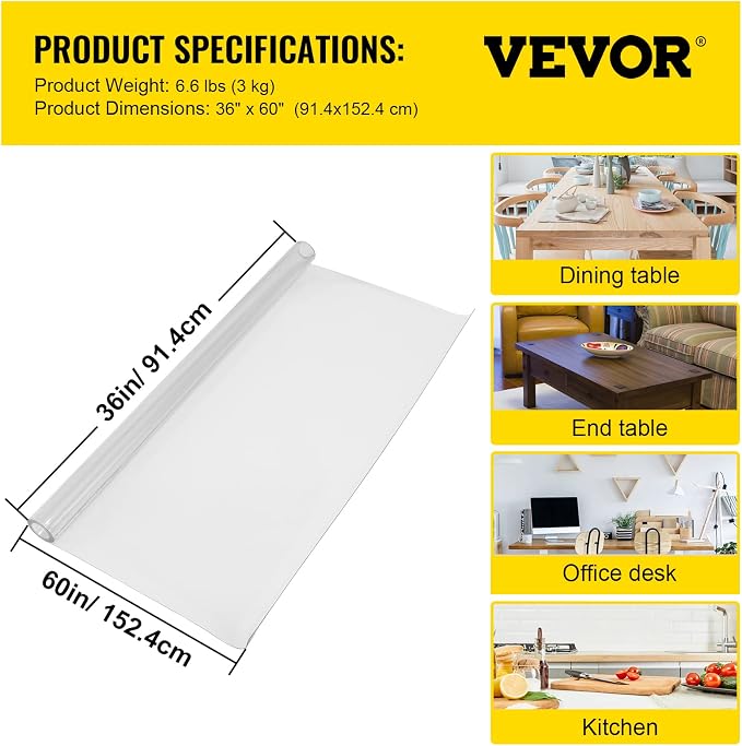VEVOR Clear Desk Cover Protector, 36 X 60 inch, 2 mm Rectangle Waterproof Thick - Image 8