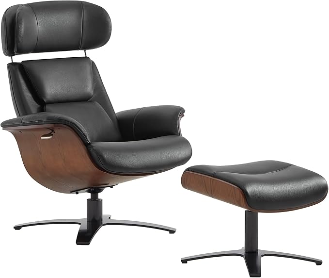 CHITA Genuine Leather Reclining Swivel Chair with Adjustable Headrest and Ottoman for Living Room, Black-DeskLoop Office