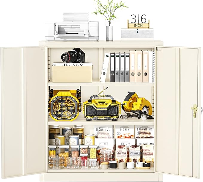 Greenvelly Metal Garage Storage Cabinet, Lockable Metal Cabinets with 2 Doors and Shelves,36”Steel Storage Locking Counter Cabinet for Office,Garage,Kitchen,Home,School(Grey)-DeskLoop Office