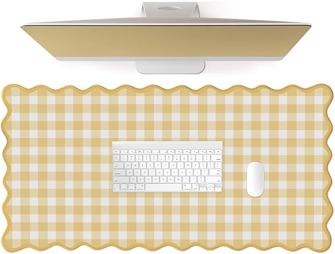 Scalloped‌ Checkered Gingham Desk Mat Cute Yellow Pastel Large Mouse Pad Kawaii by Unknown