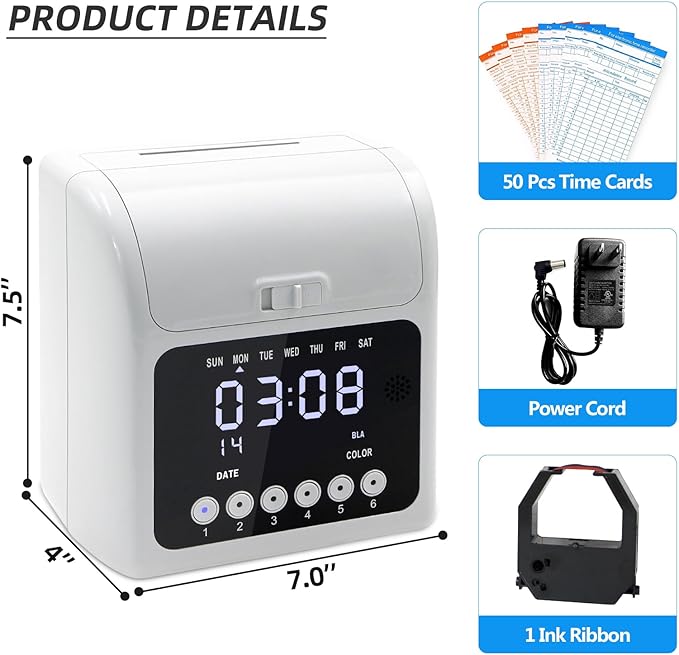 Time Clock with Passcode, Auto-Align Time Clocks for Small Business, Time Clock Punch Machine with 50-Piece Time Cards, and One Ink Ribbon Cartridge-DeskLoop Office