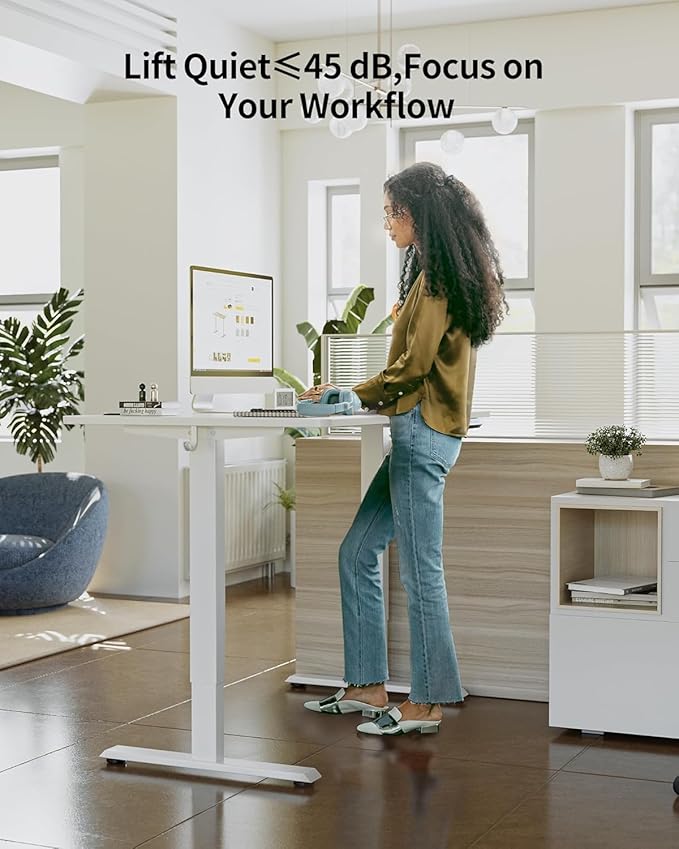 FEZIBO One-Piece Standing Desk Adjustable Height Stand up Home Office Desk, 40x24 Inch Electric Standing Computer Desk, with 4 Memory Presets, Fixable casters, White-DeskLoop Office