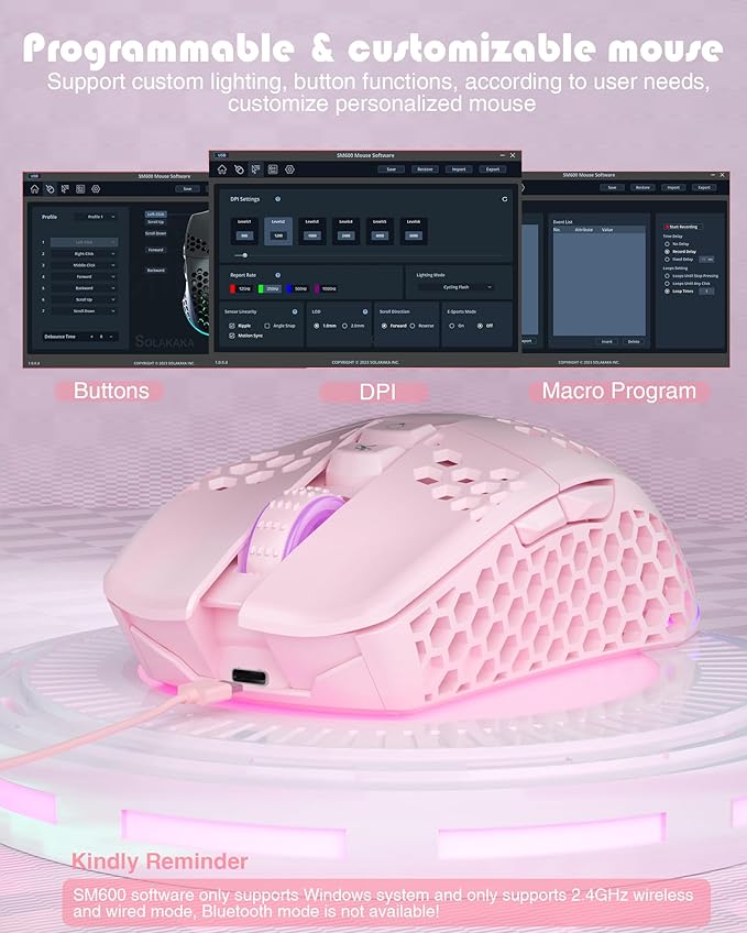 SM600 Pink Wireless Gaming Mouse with Honeycomb Shell, Side Buttons,Tri-Modes(BT5.1+BT5.1+2.4GHz) Lightweight RGB Wireless Mouse for PC/Tablet/Desktop/Office/Games-DeskLoop Office