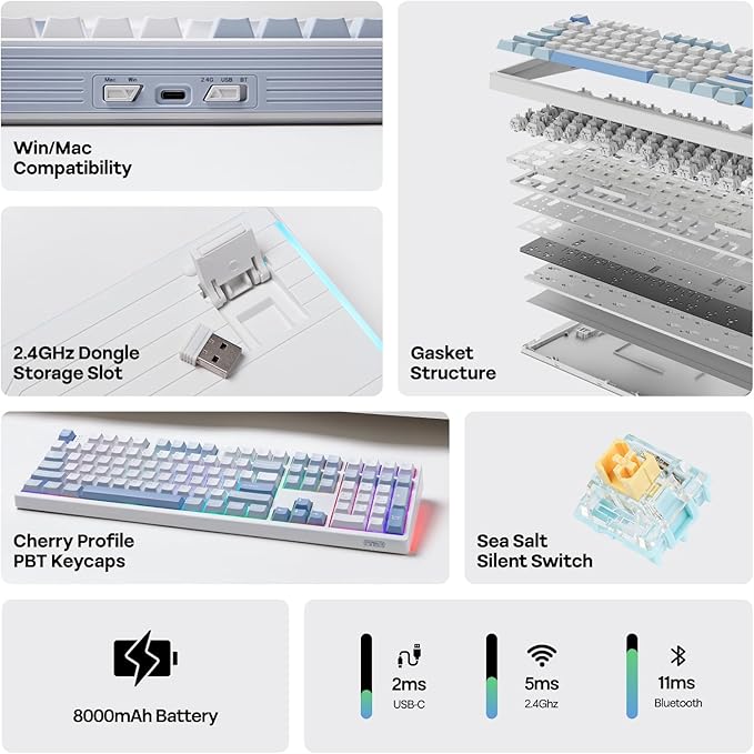 EPOMAKER TH108 Full Size Mechanical Keyboard, Wireless Gaming Keyboard with 8000mAh Battery, Creamy Gasket, 108 Keys, Hot Swap, Custom Driver, RGB Backlight (Blue&White, Sea Salt Silent)-DeskLoop Office