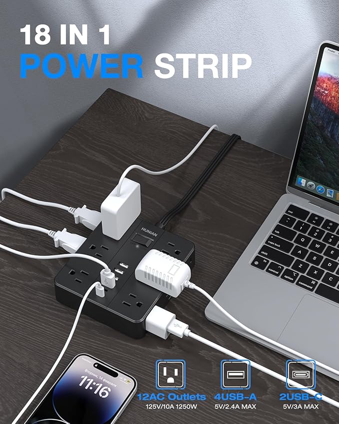 Flat Plug Power Strip Surge Protector, HUNIAN 5 Ft Extension Cord with 12 Widely Spaced Multiple Outlets 6 USB Charger (2 USB C Ports), Desk Charging Station for Home Office Supplies, Black-DeskLoop Office