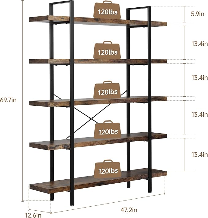 Heavy Duty 5-Tier Industrial Bookcase, 47" Wide Wood Bookshelf for Home Office, 120lbs Shelf Capacity, Rustic Open Shelving Display with Reinforced Horizontal Shelf for Living Room Bedroom-DeskLoop Office