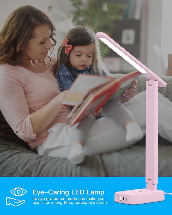 Dorm Room Essentials for Girls, Pink Power Strip with LED Desk Lamp, 3 Outlets 4 USB Ports, 4 Modes 5 Level Touch Lamp Small Desk Lamp for Home Office Bedroom Study Reading Light, 5ft Extension Cord-DeskLoop Office