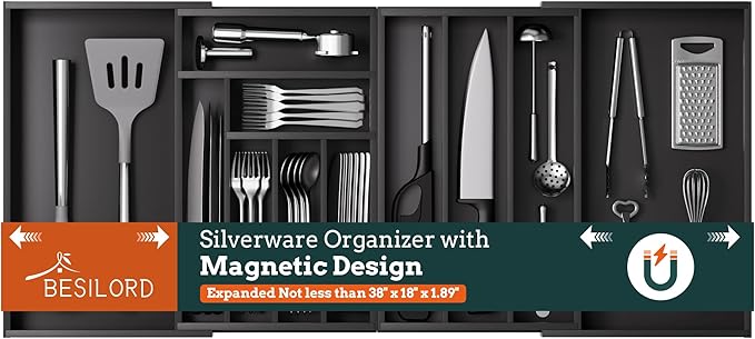 Silverware Organizer Large, Magnetic Connected Expandable 11 Slots Silverware by Besilord