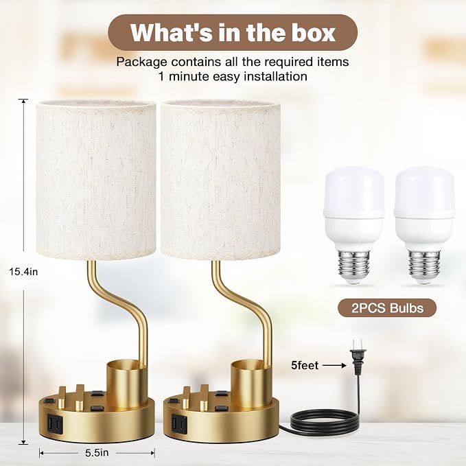 Gold Bedside Table Lamps for Bedroom Set of 2 - Image 2