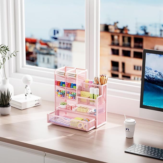 Marbrasse Mesh Desk Organizer with Drawer, Multi-Functional Pencil Organizer, 12 Compartments, Pink, Modern, Minimalist-DeskLoop Office