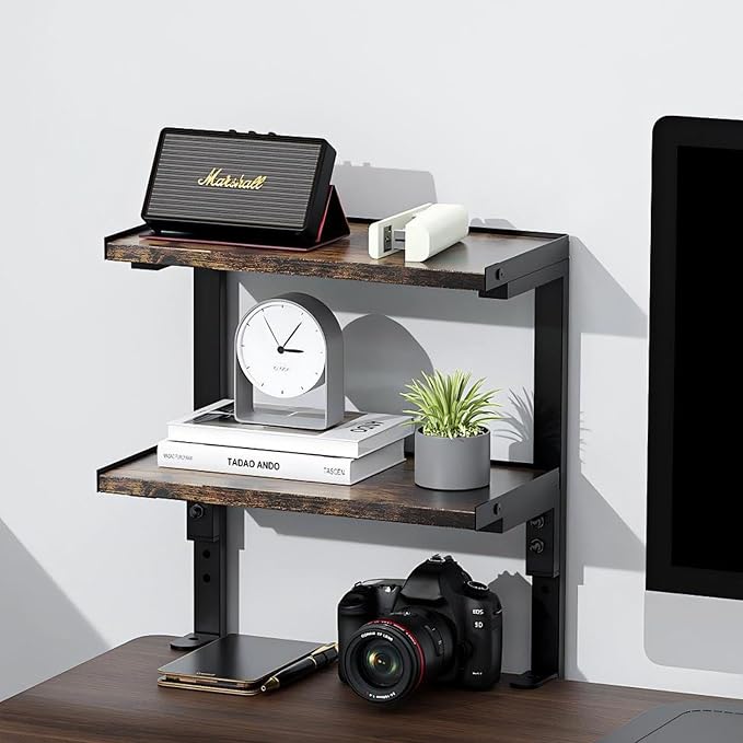 2-Tier Desk Shelf Desk Organization, Wood | Expandable Under Desk Storage Clamp by OUTIOE