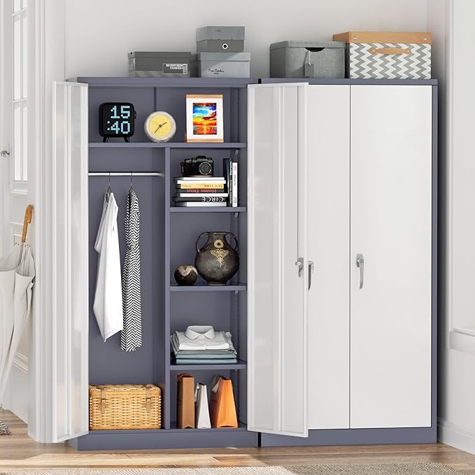 Greenvelly Metal Storage Wardrobe Cabinet with Lock, 72" White Grey Metal Wardrobe Closet for Hanging Clothes with Doors and Shelves, Modern Clothes Closet for Home, Office and Bedroom, School,Gym-DeskLoop Office