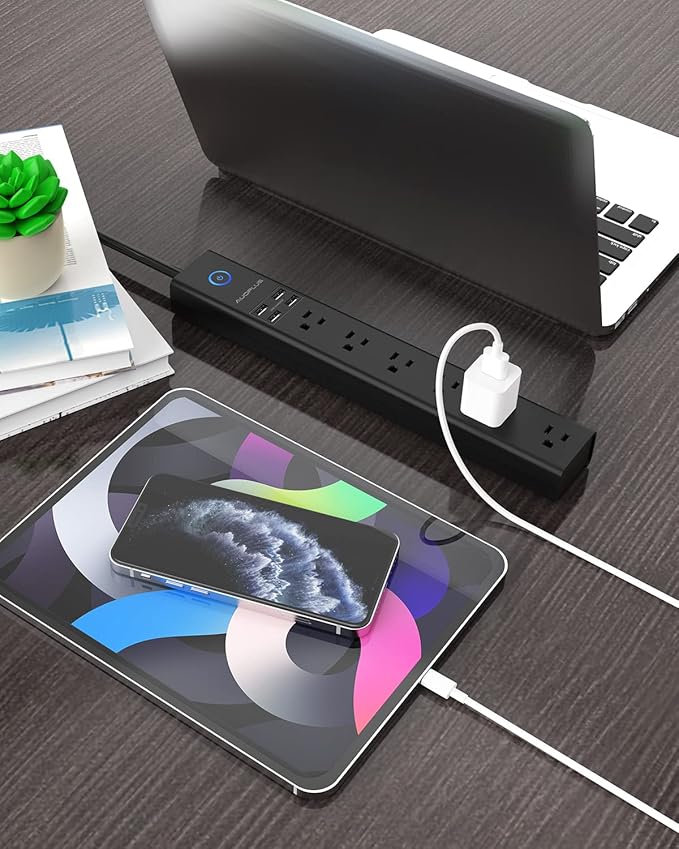 Surge Protector Power Strip with USB, AUOPLUS 10FT Outlet Strip, 6 Outlet and 4 USB Charger,[Flat Plug/Wall Mountable], 1250W/10A/2100J, Long Extension Cord for Computer iPhone Home Office Dorm-DeskLoop Office