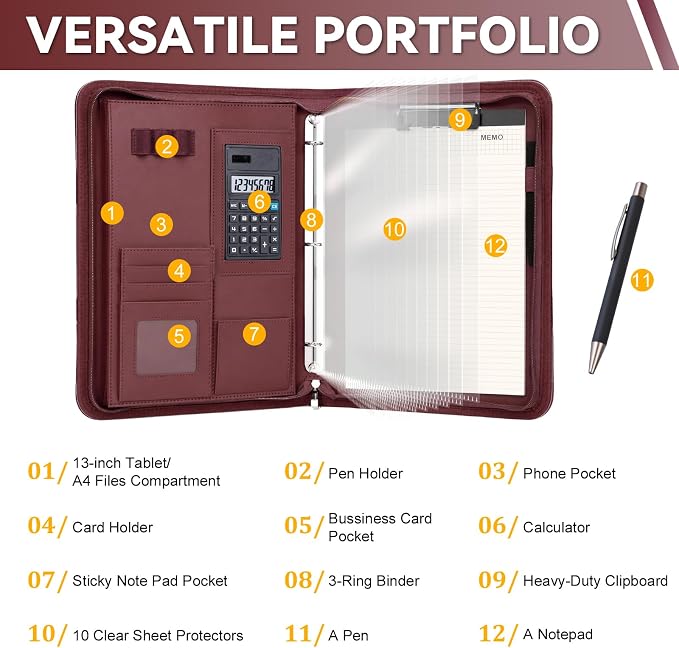 Leathario Portfolio Binder, Includes 5 Sheet Protectors and a Pen, 13 Inch - Image 4