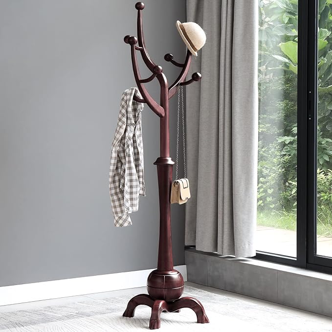 Coat Rack Freestanding Wood Tree Rack with 8 Hooks, Creative Design Tree Branch-look, Coat Tree Clothes Hanger Stand with Stable Sphere Base for Entryway, Hallway, Bedroom (Wine Red)-DeskLoop Office