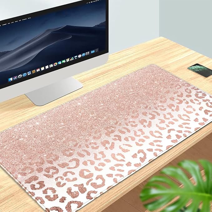 Desk Mat XXL Mouse pad, Pink Rose Gold Leopard Print Office Supplies and Accessories Decor for Women 31.5X15.75in,Stitched Edges Smooth Non-Slip Bottom, Large pad-DeskLoop Office