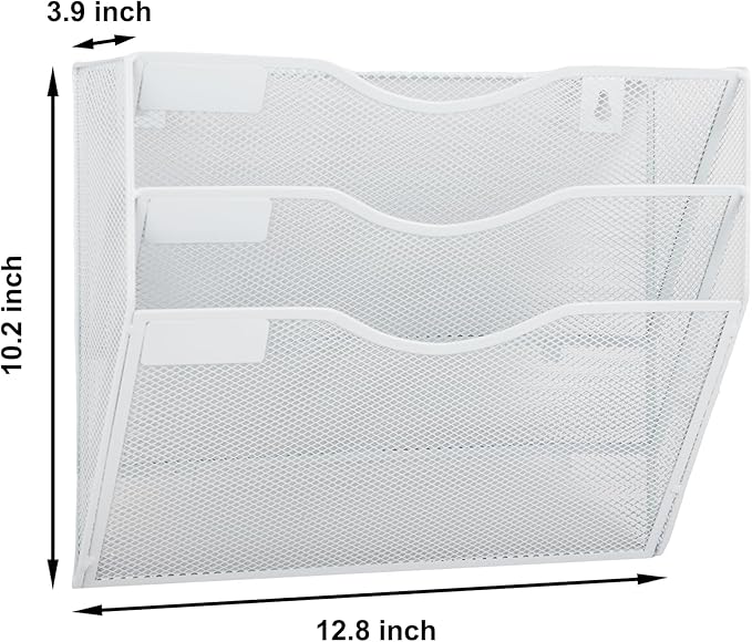 EASEPRES 3 Pocket Mesh Hanging Wall File Organizer, Wall Mounted Mail Paper Document Folder Holder, Clipboard Storage Organization Magazine Rack with Nametag Label for Office Home School, White-DeskLoop Office